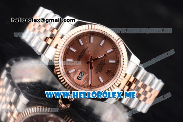 Rolex Datejust Clone Rolex 3135 Automatic Two Tone Case/Bracelet with Rose Gold Dial and Stick Markers (BP) - Click Image to Close